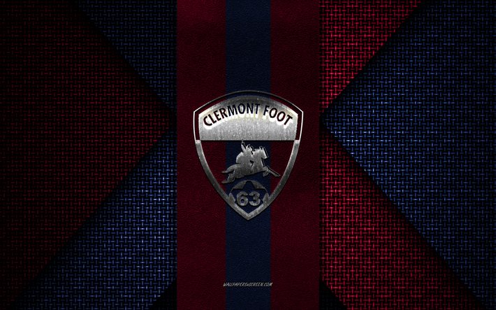 Clermont Foot 63, Ligue 1, blue red knitted texture, Clermont Foot 63 logo, French football club, Clermont Foot 63 emblem, football, Clermont-Ferrand, France