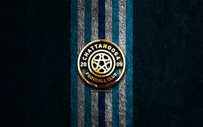 chattanooga fc gyllene logotyp, 4k, blå sten bakgrund, nisa, amerikansk fotbollsklubb, chattanooga fc logotyp, fotboll, fc chattanooga, chattanooga fc