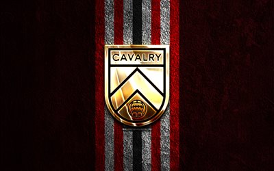 cavalry fc gyllene logotyp, 4k, röd sten bakgrund, kanadensiska premier league, kanadensisk fotbollsklubb, cavalry fc logotyp, fotboll, fc cavalry, cavalry fc