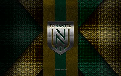 fc nantes, ligue 1, textura de punto amarillo verde, logotipo del fc nantes, club de fútbol francés, emblema del fc nantes, fútbol, nantes, francia