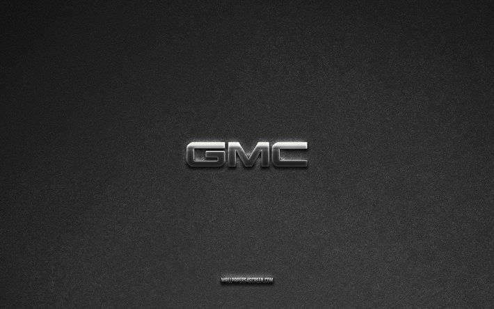 logo gmc, fond de pierre grise, emblème gmc, logos de voiture, gmc, marques de voiture, logo en métal gmc, texture de pierre