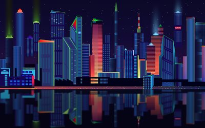 abstrakta stadsbilder, 4k, stadsbild med stadssilhuett, abstrakta byggnader, kreativ, skyskrapor, abstrakta nattlandskap