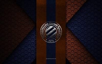 montpellier hsc, ligue 1, orange-blaue strickstruktur, montpellier hsc-logo, französischer fußballverein, montpellier hsc-emblem, fußball, montpellier, frankreich