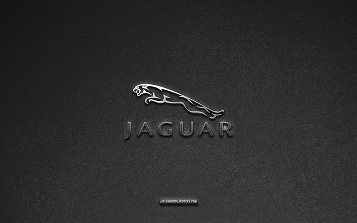 jaguar logosu, gri taş arka plan, jaguar amblemi, araba logoları, jaguar, araba markaları, jaguar metal logosu, taş doku