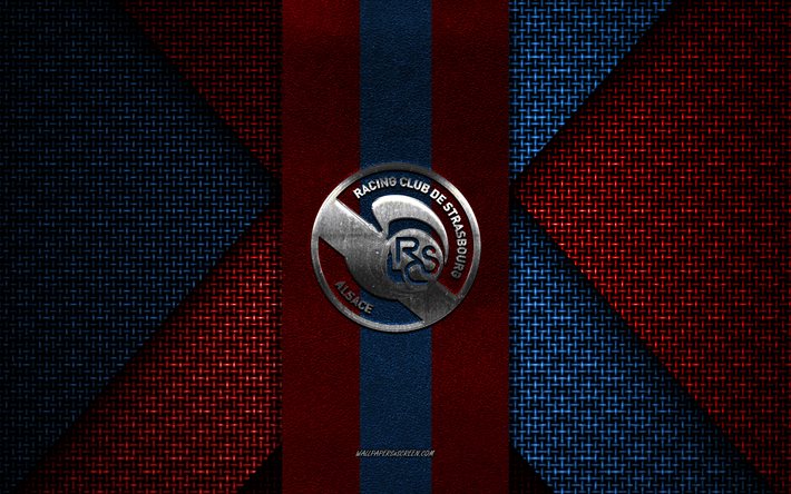 RC Strasbourg Alsace, Ligue 1, red and white knitted texture, RC Strasbourg Alsace logo, French football club, RC Strasbourg Alsace emblem, football, Strasbourg, France