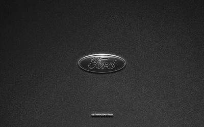 Ford logo, gray stone background, Ford emblem, car logos, Ford, car brands, Ford metal logo, stone texture