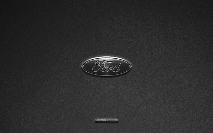 logo ford, sfondo in pietra grigia, emblema ford, loghi auto, ford, marchi automobilistici, logo ford in metallo, struttura in pietra