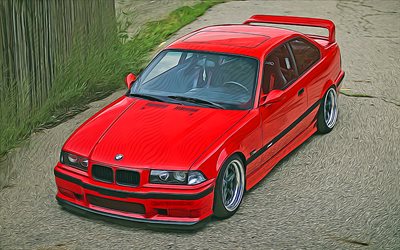 BMW M3, 4k, vector art, e36, supercars, tuning, drawing cars, BMW M3 e36, Red BMW M3, abstract cars, german cars, BMW
