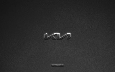 Kia logo, gray stone background, Kia emblem, car logos, Kia, car brands, Kia metal logo, stone texture