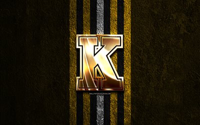 kingston frontenacs goldenes logo, 4k, gelber steinhintergrund, ohl, kanadisches hockeyteam, kingston frontenacs-logo, hockey, kingston frontenacs