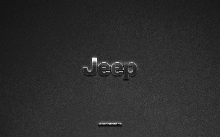 logotipo de jeep, fondo de piedra gris, emblema de jeep, logotipos de automóviles, jeep, marcas de automóviles, logotipo de metal de jeep, textura de piedra
