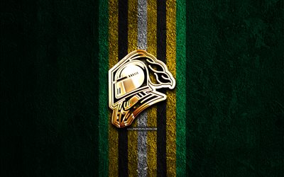 london knights goldenes logo, 4k, grüner steinhintergrund, ohl, kanadisches hockeyteam, london knights logo, hockey, london knights