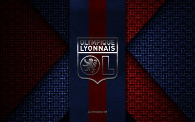 olympique lyonnais, ligue 1, rödblå stickad textur, olympique lyonnais logotyp, fransk fotbollsklubb, olympique lyonnais emblem, fotboll, lyon, frankrike