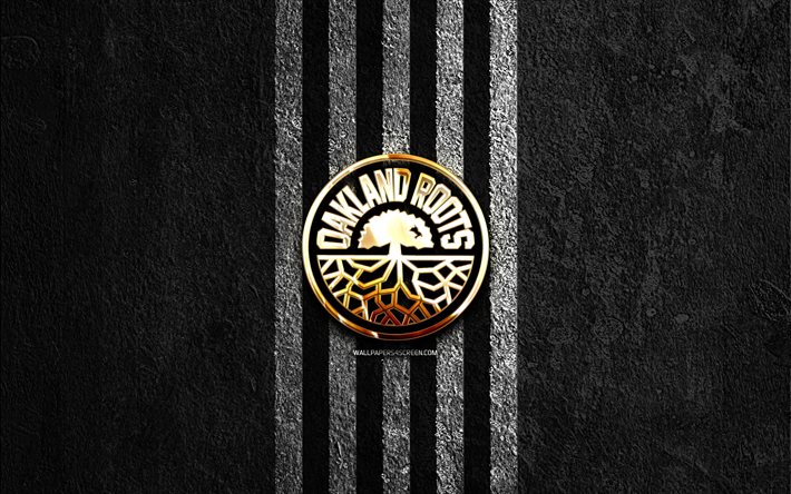 logotipo de oro de oakland roots, 4k, fondo de piedra negra, nisa, club de fútbol americano, logotipo de oakland roots, fútbol, oakland roots, fútbol americano, oakland roots fc