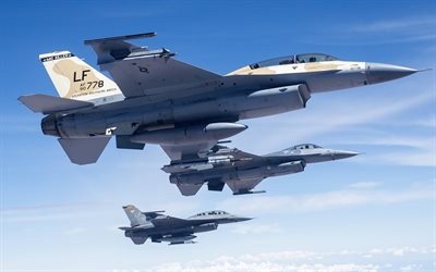 general dynamics f-16 fighting falcon, cazas estadounidenses, usaf, tres cazas, f-16 en el cielo, aviación de combate, ee uu