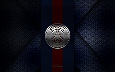 Paris Saint-Germain, Ligue 1, blue red knitted texture, Paris Saint-Germain logo, French football club, Paris Saint-Germain emblem, football, Paris, France, PSG logo
