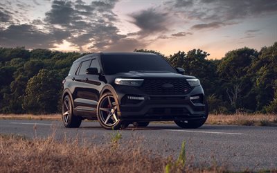 2022, Ford Explorer ST, 4k, front view, exterior, black SUV, Ford Explorer tuning, black Ford Explorer, american cars, Ford