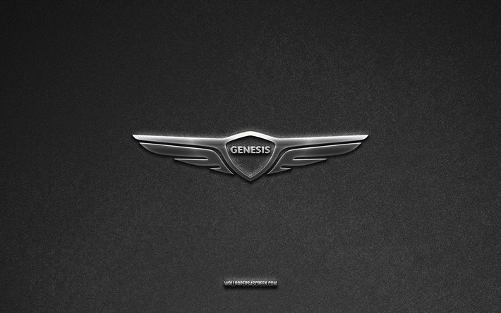 Genesis logo, gray stone background, Genesis emblem, car logos, Genesis, car brands, Genesis metal logo, stone texture