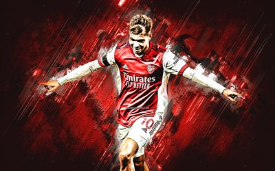 emile smith rowe, arsenal fc, engelsk fotbollsspelare, offensiv mittfältare, bakgrund med röd sten, fotboll, premier league, england