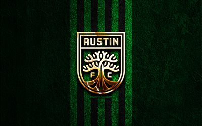 Austin FC golden logo, 4k, green stone background, USL, american soccer club, Austin FC logo, soccer, football, Austin FC