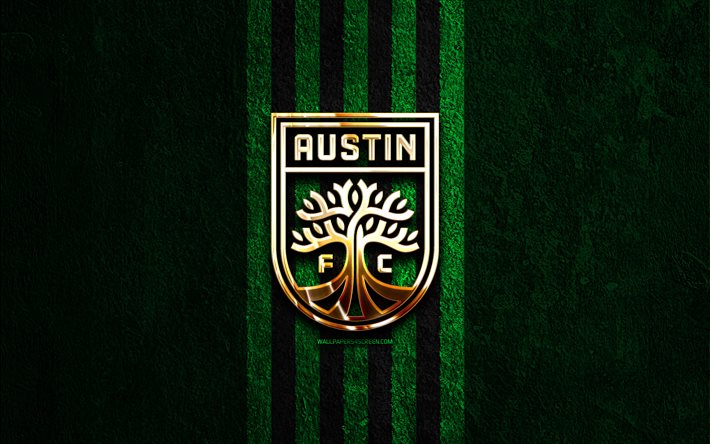 austin fc goldenes logo, 4k, grüner steinhintergrund, usl, amerikanischer fußballverein, austin fc-logo, fußball, austin fc