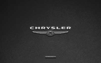 logo chrysler, sfondo in pietra grigia, emblema chrysler, loghi auto, chrysler, marchi automobilistici, logo in metallo chrysler, struttura in pietra