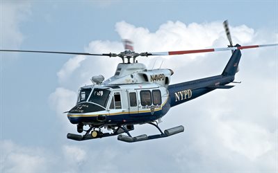 4k, bell 412, flygande helikoptrar, multifunktionshelikoptrar, civil luftfart, blå helikopter, flyg, bell, bilder med helikopter