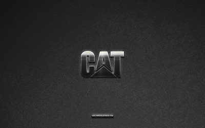 CAT logo, gray stone background, CAT emblem, car logos, CAT, Caterpillar logo, car brands, CAT metal logo, stone texture, Caterpillar