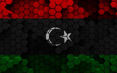 4k, bandiera della libia, sfondo esagono 3d, bandiera della libia 3d, giorno della libia, texture esagonale 3d, simboli nazionali della libia, libia, paesi africani