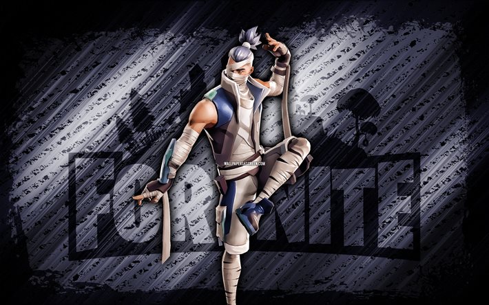 Kenji Fortnite, 4k, gray diagonal background, grunge art, Fortnite, artwork, Kenji Skin, Fortnite characters, Kenji, Fortnite Kenji Skin
