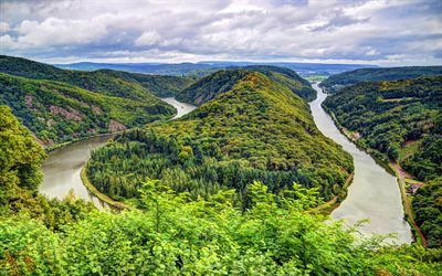Saarschleife, river, beautiful nature, summer, forest, Great Bend, HDR, Saar River, Saar landmarks, Germany, Mettlach, Europe