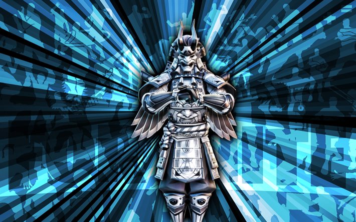 4k, Corrupted Shogun Fortnite, blue rays background, Corrupted Shogun Skin, abstract art, Fortnite Corrupted Shogun Skin, Fortnite characters, Corrupted Shogun, Fortnite, creative art
