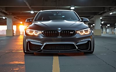 BMW M3 F31 tuning, stance, front view, exterior, BMW M3, gray BMW M3, parking, evening, sunset, M3 F31 tuning, German cars, BMW
