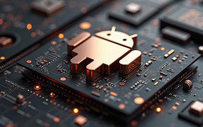 logotipo de bronze 3d android, 4k, placa  mãe preta, robô 3d android, android sign, emblema da samsung, logotipo android, antecedentes da tecnologia negra, android, antecedentes com o logotipo do android