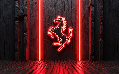 logo ferrari red neon, 4k, oscurità, bokeh, sfondo di legno nero, opera d'arte, logo 3d ferrari, logo ferrari neon, logo ferrari, marchi di auto, ferrari