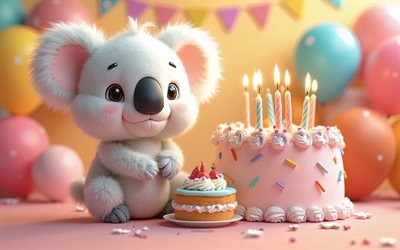 feliz aniversário 3d inscrição, 4k, 3d cartoon fofo coala, conceitos de feliz aniversário, cartão de feliz aniversário, koala fofa, feliz aniversário, antecedentes com coala