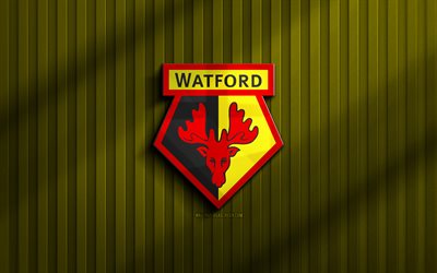 4k, watford fc 3d logo, campeonato, fondo 3d amarillo, fútbol, watford fc emblema, logotipo de watford fc, watford fc, fútbol americano, club de fútbol inglés, fc watford