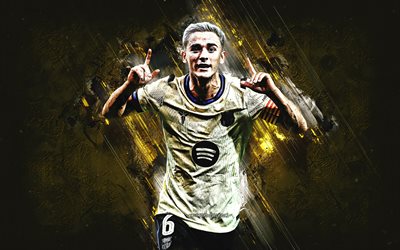 Gavi, FC Barcelona, La Liga, gold stone background, grunge art, spanish footballers, football, soccer, Barcelona FC, Barca, LaLiga, Barcelona, FCB, Pablo Martin Paez Gavira, Gavi Barcelona