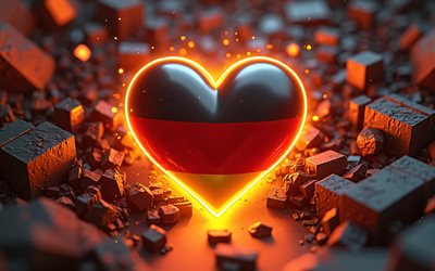 4k, amo a alemania, luces de neón naranja, fondo de piedra 3d, creativo, día de alemania, bokeh, bandera de alemania, corazón con bandera alemana, corazones 3d, bandera alemana, alemania, amor por alemania
