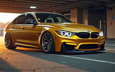 BMW M3 F31, stance, front view, gold BMW M3 F31, parking, tuning BMW M3 F31, gold BMW M3, German cars, tuning F31, BMW