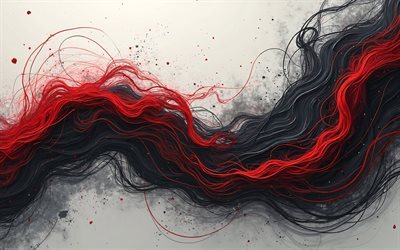 خلفية الخيوط السوداء الحمراء, 4k, خلفية الجرونج الأسود الأحمر, المواضيع الحمراء, المواضيع السوداء, خلفية الموجة السوداء الحمراء, خلفية الأمواج التجريدية, خلفية الأمواج ثلاثية الأبعاد