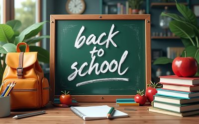 Back to school, 4k, creative, writing board, notebook, pens, pencils, Back to school concepts, backpack, books, education background, school, Back to school Inscription, education concepts, school supplies