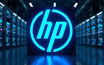 4k, Hewlett-Packard blue neon logo, bokeh, electronics brands, datacenter racks, artwork, Hewlett-Packard logo, darkness, brands logo, Hewlett-Packard neon logo, Hewlett-Packard, brands, HP logo