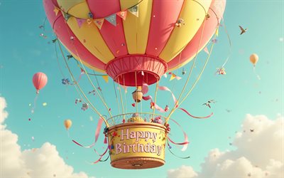 balão de ar quente de desenho animado com feliz aniversário, 4k, balão de ar quente no céu, conceitos de feliz aniversário, cartão de feliz aniversário, feliz aniversário