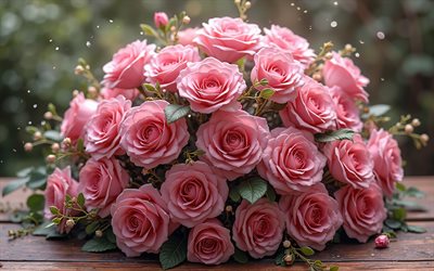 grand bouquet de roses roses, réaliste, bouquet de mariage, roses roses, bouquet de roses, fond avec des roses roses, belles fleurs roses, roses