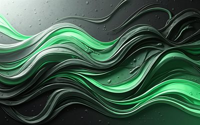 fundo verde ondas pretas, 4k, ondas abstratas, fundo de linhas pretas verdes, ondas pretas verdes, antecedentes de ondas criativas