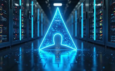 4k, logo néon bleu arch linux, bokeh, marques d'os, racks de données, œuvres d'art, logo arch linux, obscurité, logo des marques, logo au néon arch linux, arch linux, marques, linux