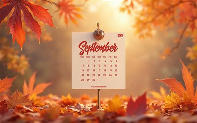 2025 calendario de septiembre, 4k, fondo de otoño, calendario de septiembre 2025, antecedentes con hojas de otoño, calendario de septiembre de 2025, 2025 calendarios, septiembre, otoño