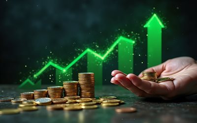 money growth, 4k, chart from stacks of coins, money growth concepts, finance concepts, finance background, coins in palm, money concepts, investment concepts