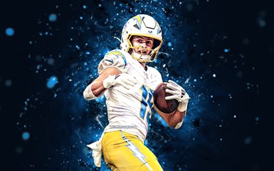 Ladd McConkey, 4k, blue neon lights, Los Angeles Chargers, NFL, American football players, Ladd McConkey 4K, American football, National Football League, LA Chargers, Ladd McConkey Chargers